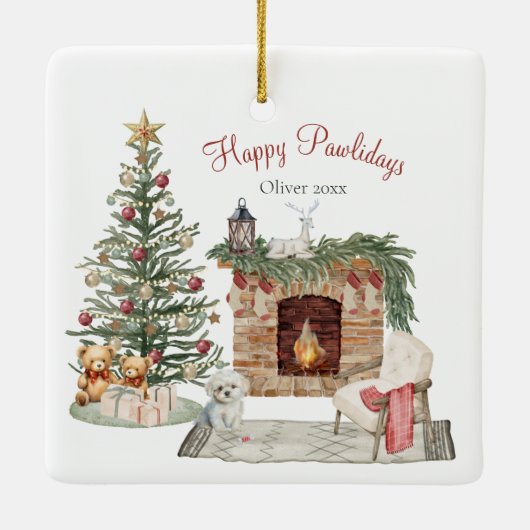 Happy Pawholidays Hondenontwerp - Maltees Keramisch Ornament (Achterkant)