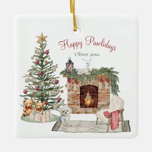 Happy Pawholidays Hondenontwerp - Maltees Keramisch Ornament (Voorkant)