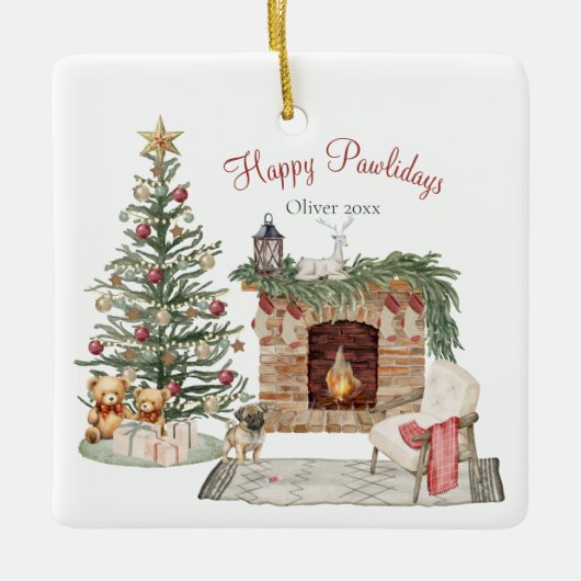 Happy Pawholidays Hondenontwerp- Pug Keramisch Ornament (Voorkant)