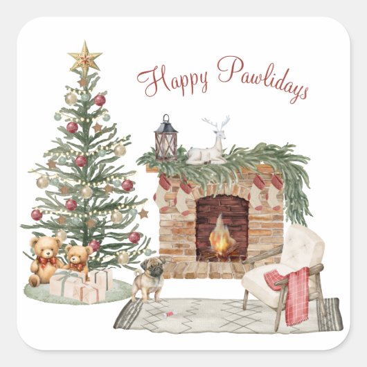 Happy Pawholidays Hondenontwerp- Pug Vierkante Sticker (Voorkant)