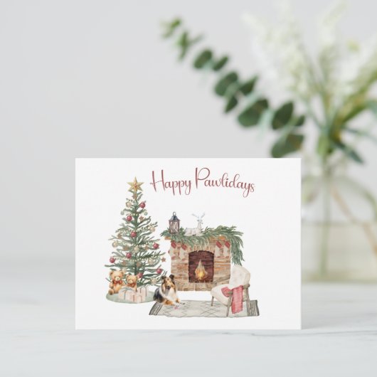 Happy Pawholidays Hondenontwerp- Sheltie Briefkaart (Staand voorkant)
