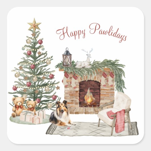 Happy Pawholidays Hondenontwerp- Sheltie Vierkante Sticker (Voorkant)