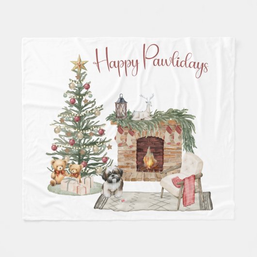 Happy Pawholidays Hondenontwerp- Shih Tzu Fleece Deken (Voorkant (Horizontaal))