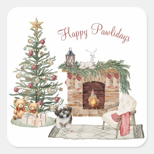 Happy Pawholidays Hondenontwerp- Shih Tzu Vierkante Sticker (Voorkant)