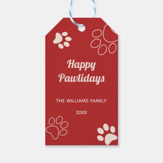 Happy Pawholidays Hondenpoot Rood Plaid Foto Kerst Cadeaulabel (Voorkant)