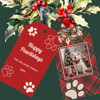 Happy Pawholidays Hondenpoot Rood Plaid Foto Kerst Cadeaulabel