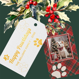 Happy Pawholidays Hondenpoot Rood Plaid Foto Kerst Cadeaulabels