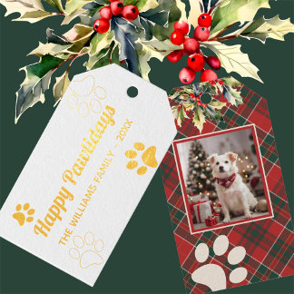 Happy Pawholidays Hondenpoot Rood Plaid Foto Kerst Cadeaulabels