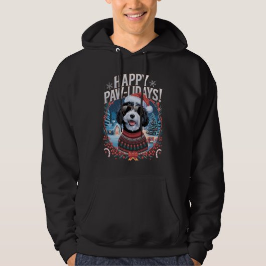 Happy Pawholidays Sheepadoodle Vrolijk Kerstfeest Hoodie (Voorkant)