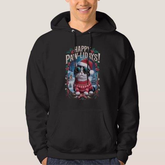 Happy Pawholidays Tuxedo Cat Vrolijk Kerstfeest Hoodie (Voorkant)