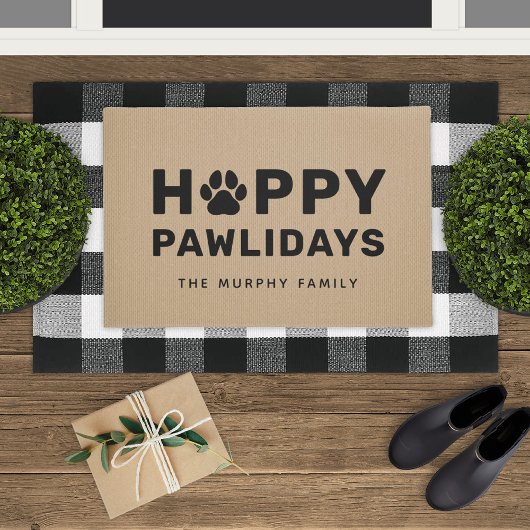 Happy Pawlidays Black en Tan Custom Dog Name Deure Deurmat
