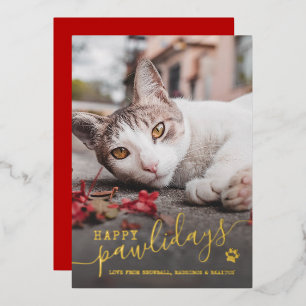 Happy Pawlidays Cat Photo Pet Red Kerstmis Folie Feestdagenkaart