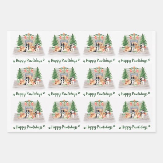Happy Pawlidays Cute Dogs Hondenliefhebber Kerstmi Inpakpapier Vel (Voorkant)