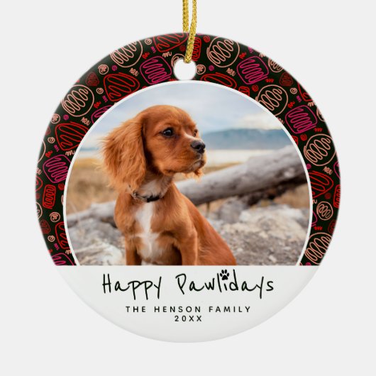 Happy Pawlidays Dog Pet Photo One Line Kerstmis Keramisch Ornament (Voorkant)