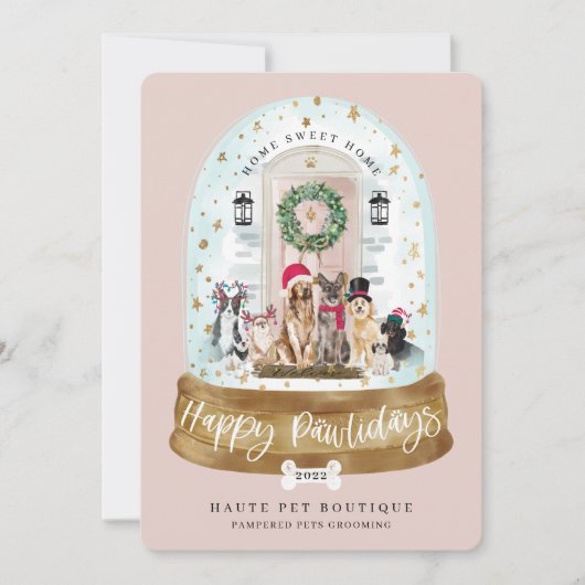 Happy Pawlidays Dogs Pet Care Business Pink deur Feestdagenkaart (Voorkant)