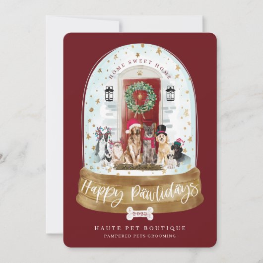 Happy Pawlidays Dogs Pet Care Business Red Deuren Feestdagenkaart (Voorkant)
