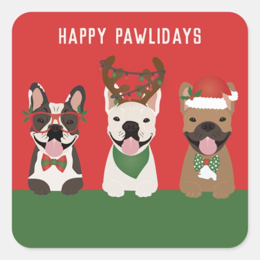Happy Pawlidays Franse Bulldogs Vierkante Sticker (Voorkant)