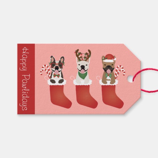 Happy Pawlidays French Bulldogs kerststal Stocking Cadeaulabel (Voorkant (Horizontaal))