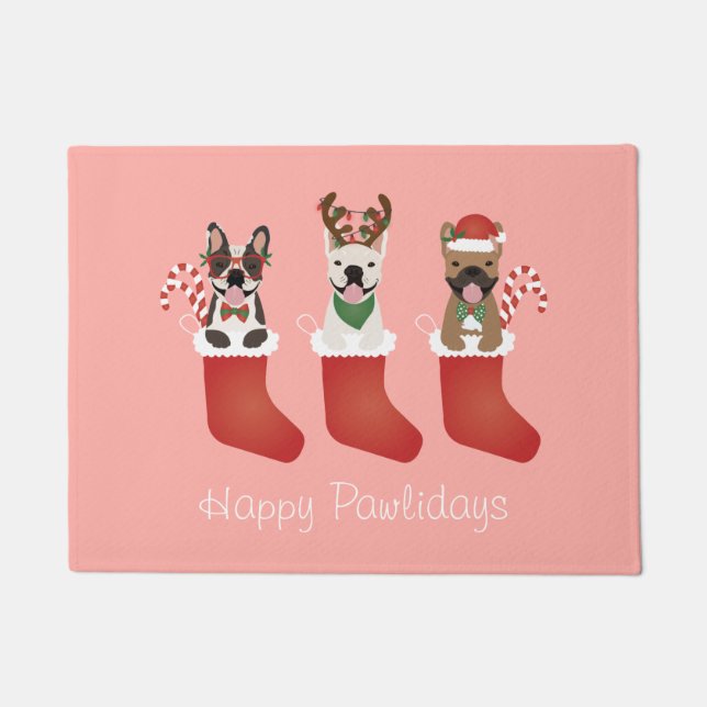 Happy Pawlidays French Bulldogs kerststal Stocking Deurmat (Voorkant)