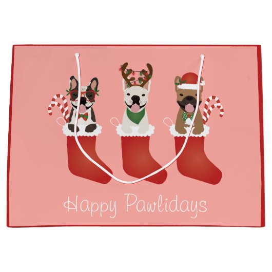 Happy Pawlidays French Bulldogs kerststal Stocking Groot Cadeauzakje (Voorkant)