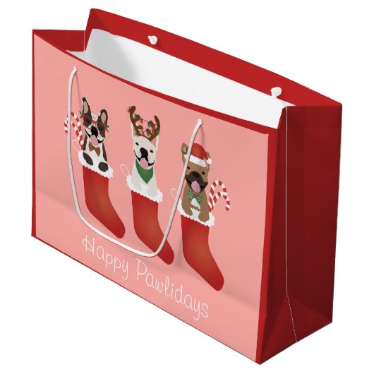 Happy Pawlidays French Bulldogs kerststal Stocking Groot Cadeauzakje (Voorkant Gekanteld)