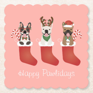 Happy Pawlidays French Bulldogs kerststal Stocking Kartonnen Onderzetters