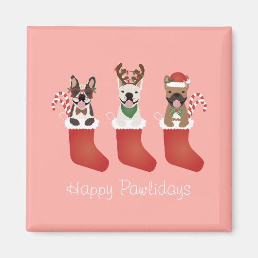 Happy Pawlidays French Bulldogs kerststal Stocking Magneet (Voorkant)