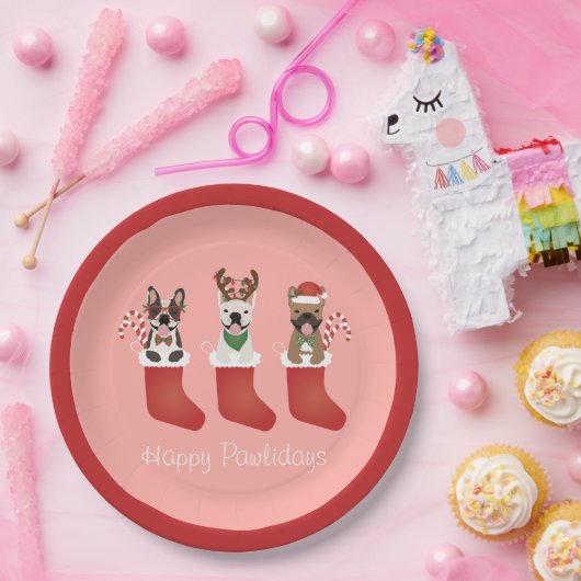Happy Pawlidays French Bulldogs kerststal Stocking Papieren Bordje (Feest)