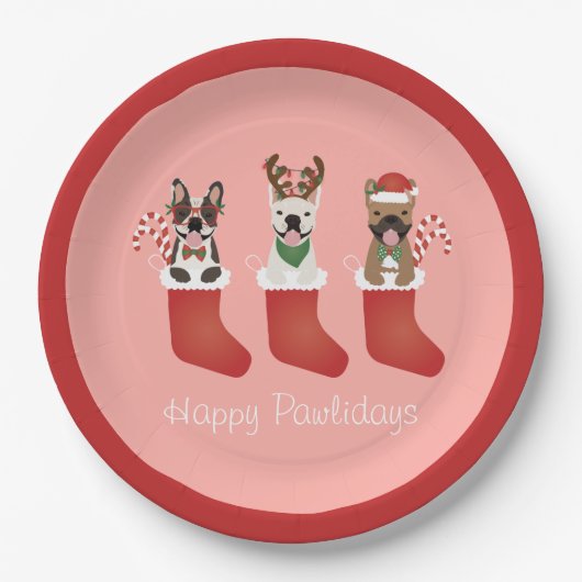 Happy Pawlidays French Bulldogs kerststal Stocking Papieren Bordje (Voorkant)