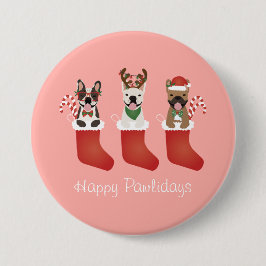 Happy Pawlidays French Bulldogs kerststal Stocking Ronde Button 7,6 Cm