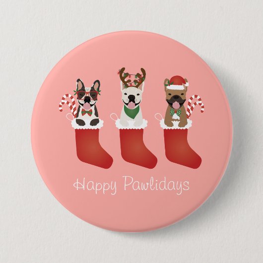 Happy Pawlidays French Bulldogs kerststal Stocking Ronde Button 7,6 Cm (Voorkant)