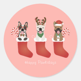 Happy Pawlidays French Bulldogs kerststal Stocking Ronde Sticker