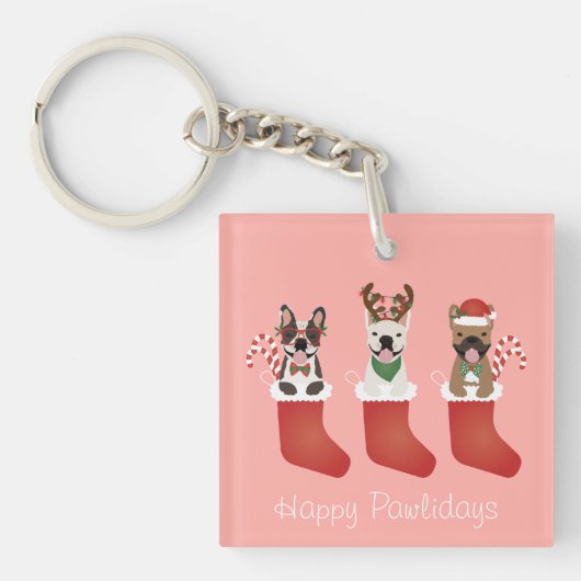 Happy Pawlidays French Bulldogs kerststal Stocking Sleutelhanger (voorkant)