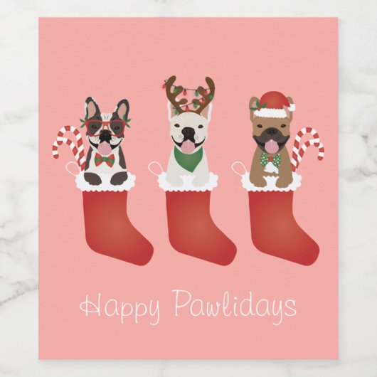 Happy Pawlidays French Bulldogs kerststal Stocking Wijn Etiket (Enkel label)