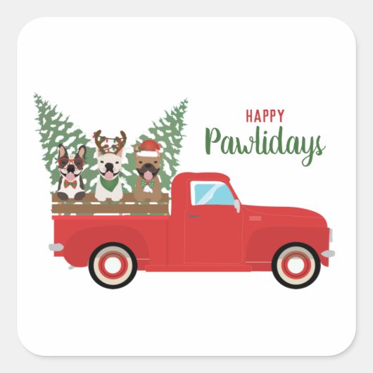 Happy Pawlidays French Bulldogs Red Pickup Truck Vierkante Sticker (Voorkant)