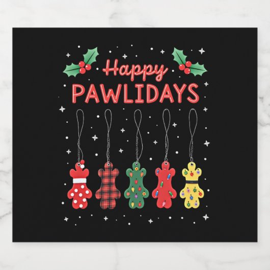 Happy Pawlidays Funny Christmas Dog Paw Xmas Dogs  Sparkling Wijnetiket (Enkel label)