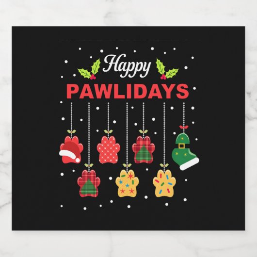 Happy Pawlidays Funny Christmas Dog Paw Xmas Dogs  Sparkling Wijnetiket (Enkel label)