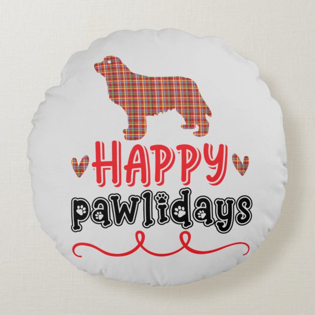 Happy Pawlidays | Funny Word Pun Rond Kussen (Voorkant)