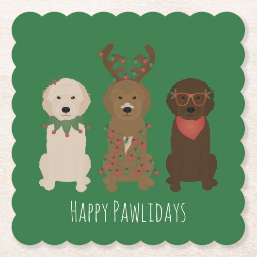 Happy Pawlidays Goldendoedle kerstlampjes Kartonnen Onderzetters (Voorkant)