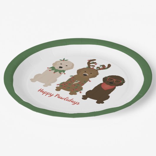 Happy Pawlidays Goldendoedle kerstlampjes Papieren Bordje (Gekanteld)
