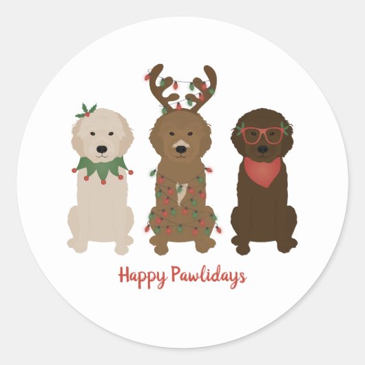 Happy Pawlidays Goldendoedle kerstlampjes Ronde Sticker (Voorkant)