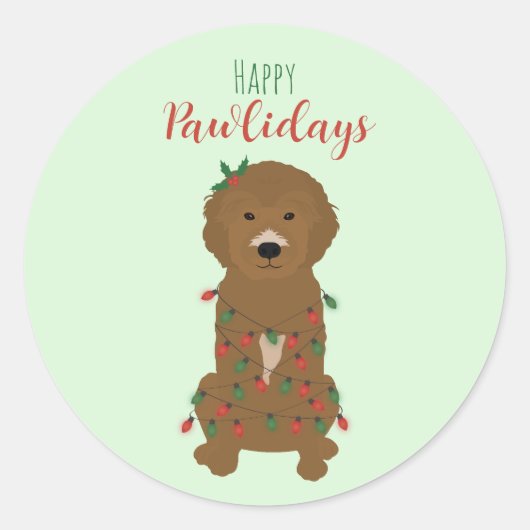 Happy Pawlidays Goldendoedle kerstlampjes Ronde Sticker (Voorkant)