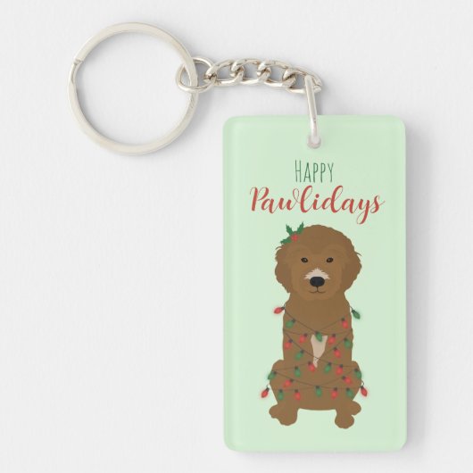 Happy Pawlidays Goldendoedle kerstlampjes Sleutelhanger (Voorkant)