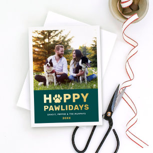 Happy Pawlidays Moderne Gold Green Puppy Dog Foto Folie Feestdagenkaart