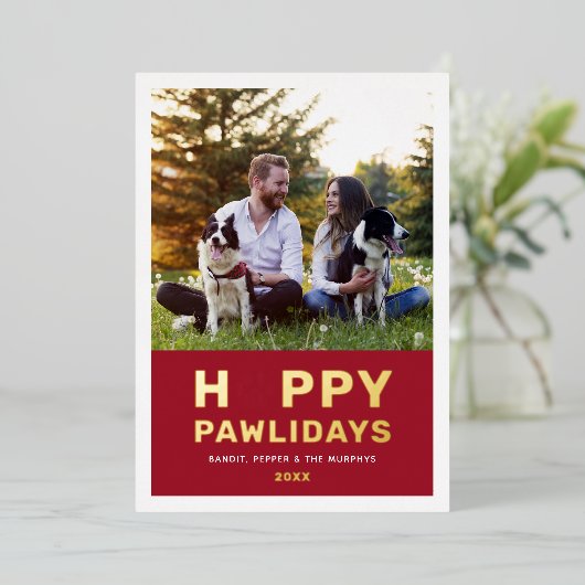Happy Pawlidays Moderne Gold Red Puppy Dog Foto Folie Feestdagenkaart (Staand Voorkant)