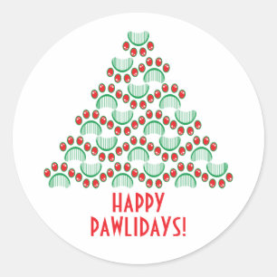 Happy pawlidays, paw print die kerstboom vormt ronde sticker