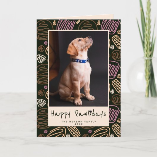 Happy Pawlidays Roze Black One Line Dog Foto Feestdagen Kaart (Voorkant)