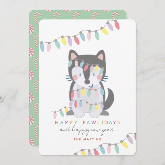 Happy Pawlidays Siberian Husky kerstlampjes Feestdagenkaart (Voorkant / Achterkant)