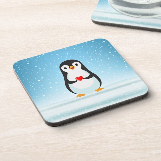 Happy Penguin die een hart vasthoudt Bier Onderzetter (Linkerzijde)