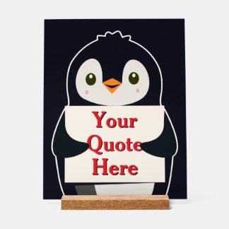 Happy penguin holding a sign to personalize acryl bord